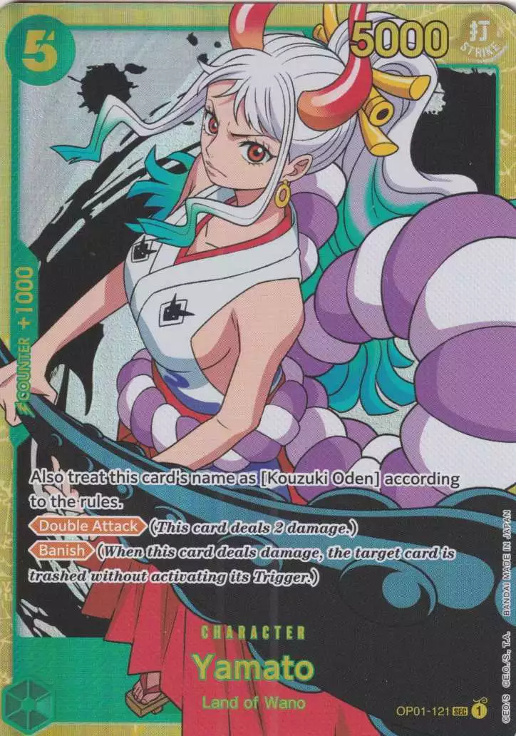 op01-121-yamato-secret-rare-romance-dawn Yamato OP01-121 ist in Secret Rare. Die One Piece Karte ist aus Romance Dawn in Normal Art.