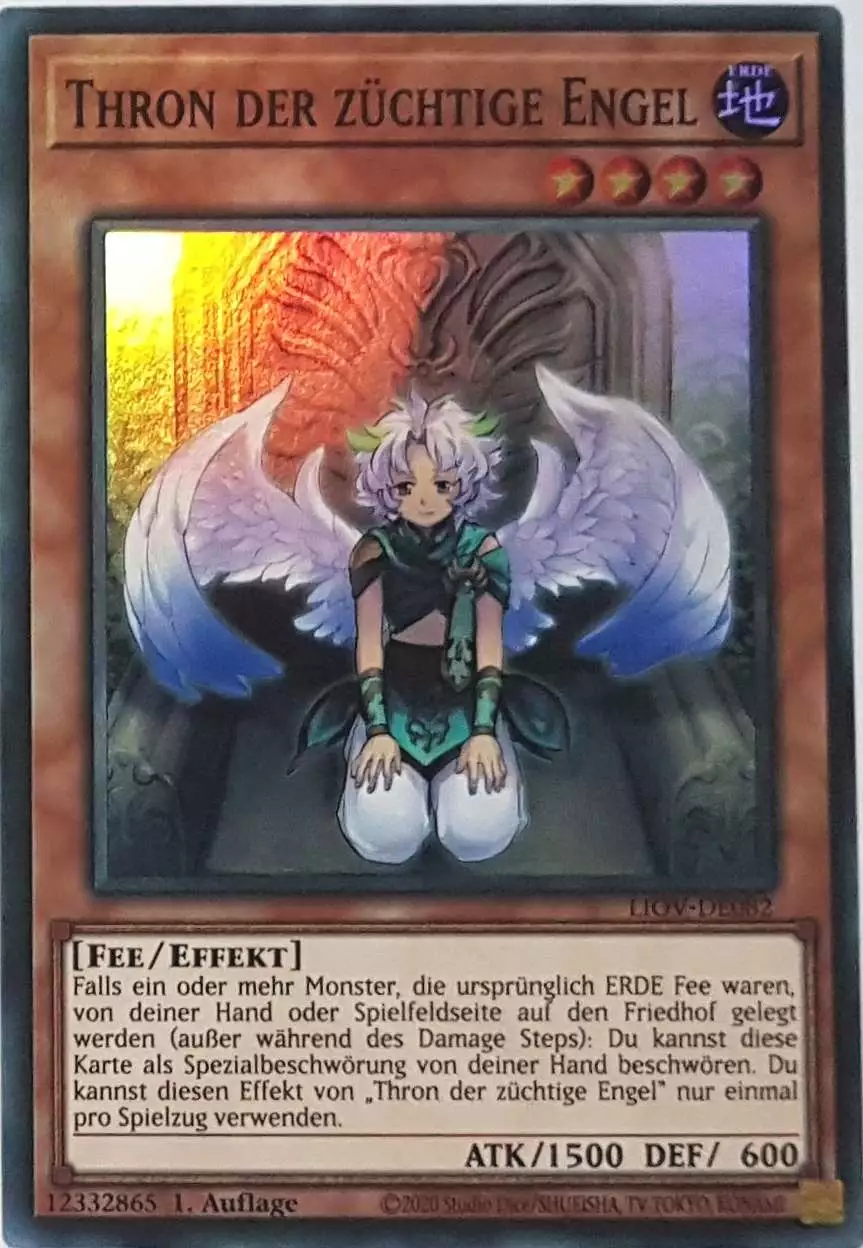 Thron der züchtige Engel LIOV-DE082 ist in Super Rare Yu-Gi-Oh Karte aus Lightning Overdrive 1.Auflage