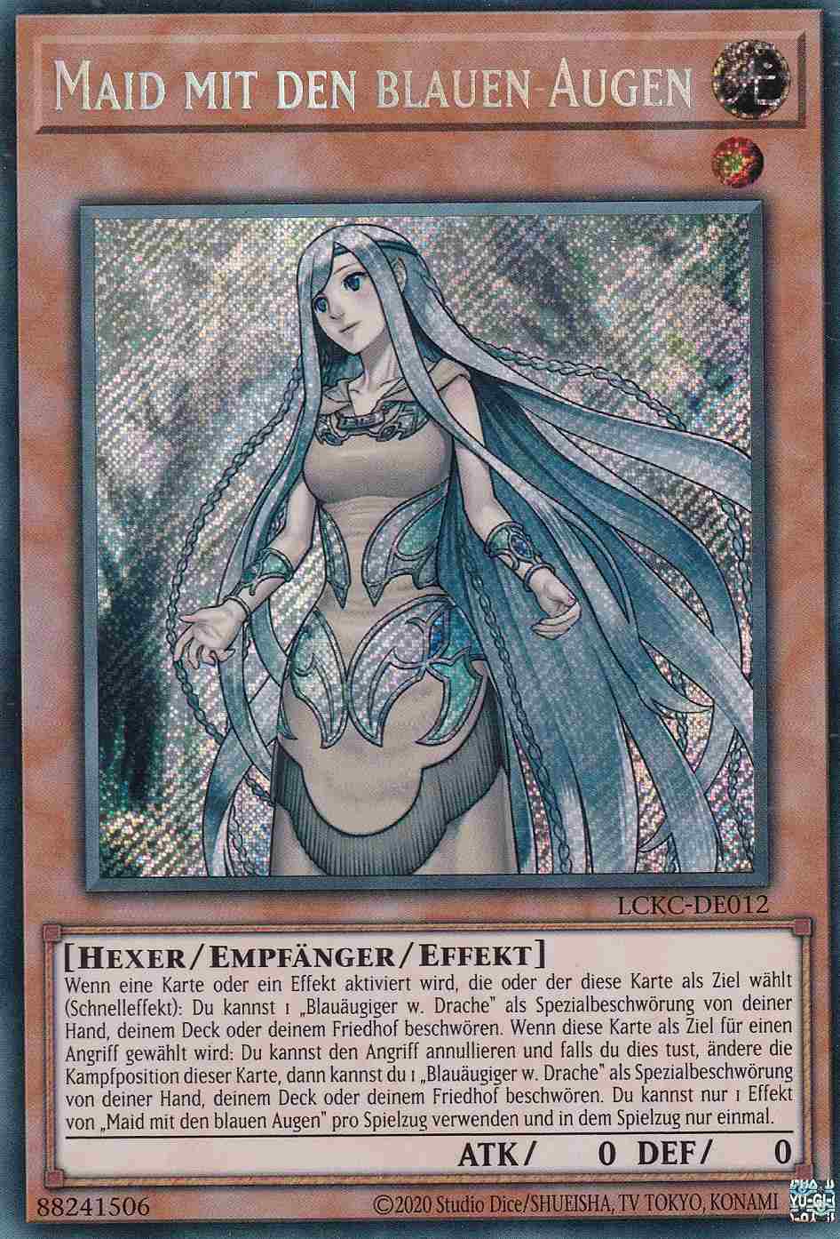 Maid mit den blauen Augen Secret Rare LCKC-DE012 Yugioh Karte Maid mit den blauen Augen LCKC-DE012 ist in Secret Rare Yu-Gi-Oh Karte aus Legendary Collection Kaiba unlimitiert