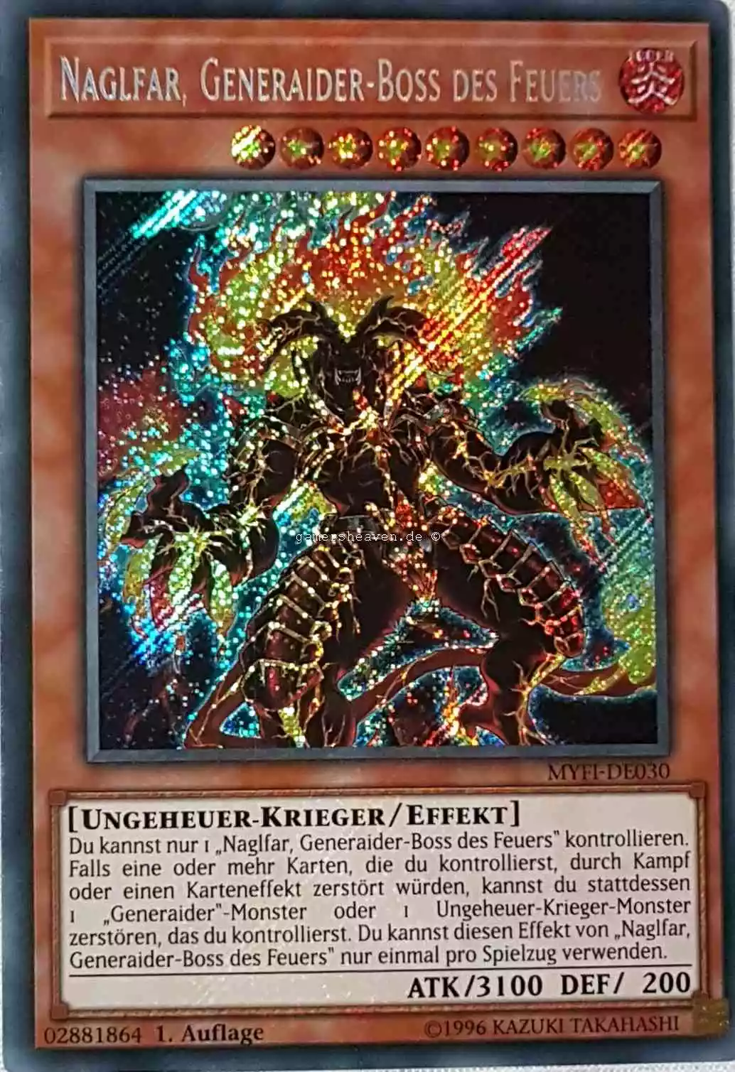 Naglfar, Generaider-Boss des Feuers MYFI-DE030 ist in Secret Rare aus Mystic Fighters 1.Auflage