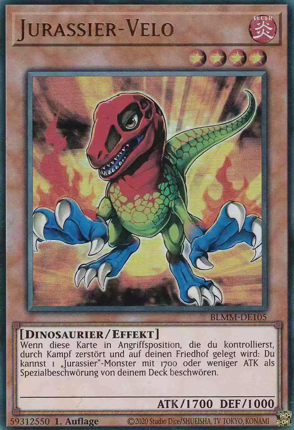 Jurassier-Velo Ultra Rare BLMM-DE105 Yugioh Karte Jurassier-Velo BLMM-DE105 ist in Ultra Rare Yu-Gi-Oh Karte aus Battles of Legend Monster Mayhem 1.Auflage