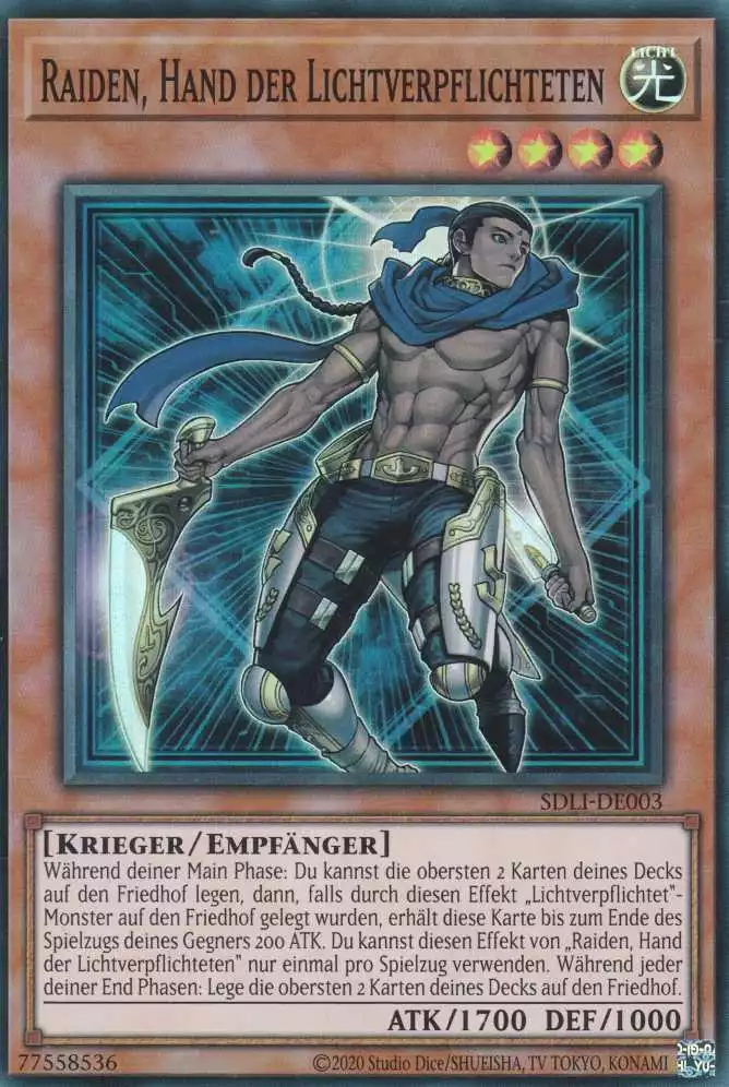 Raiden, Hand der Lichtverpflichteten SDLI-DE003 ist in Super Rare Yu-Gi-Oh Karte aus Realm Of Light unlimitiert