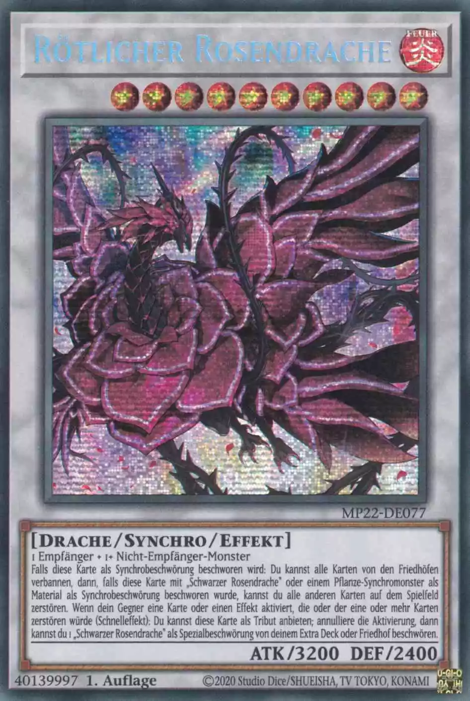 Rötlicher Rosendrache MP22-DE077 ist in Prismatic Secret Rare Yu-Gi-Oh Karte aus Tin of the Pharaoh’s Gods 1.Auflage