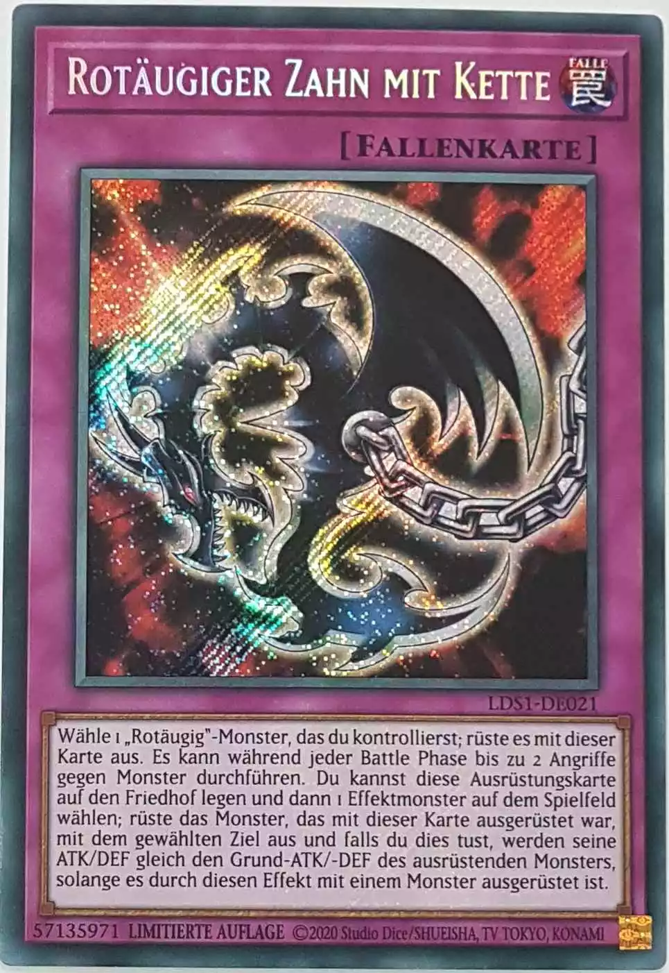 Rotäugiger Zahn mit Kette LDS1-DE021 ist in Secret Rare Yu-Gi-Oh Karte aus Legendary Duelists: Season 1 Limitierte Auflage 