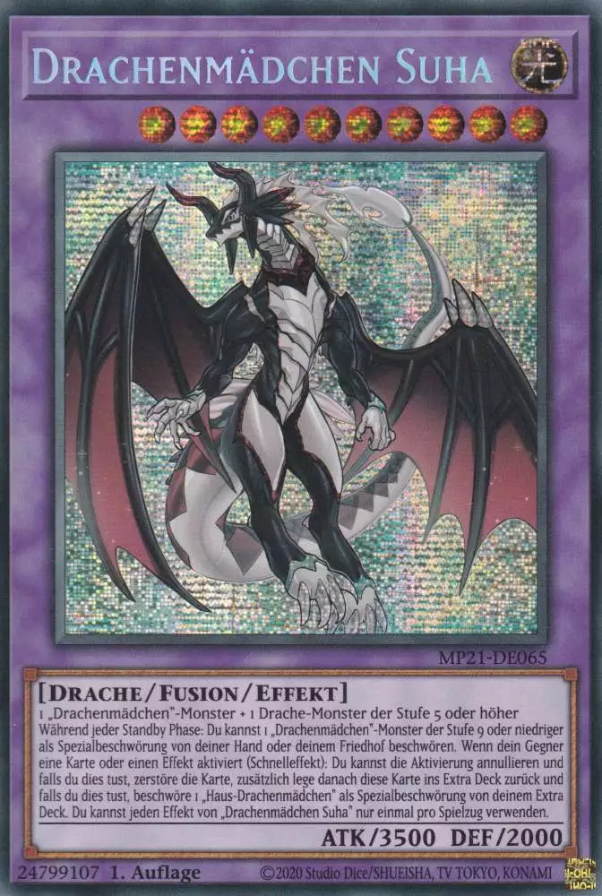 Drachenmädchen Suha MP21-DE065 ist in Prismatic Secret Rare Yu-Gi-Oh Karte aus Tin of Ancient Battles 1.Auflage