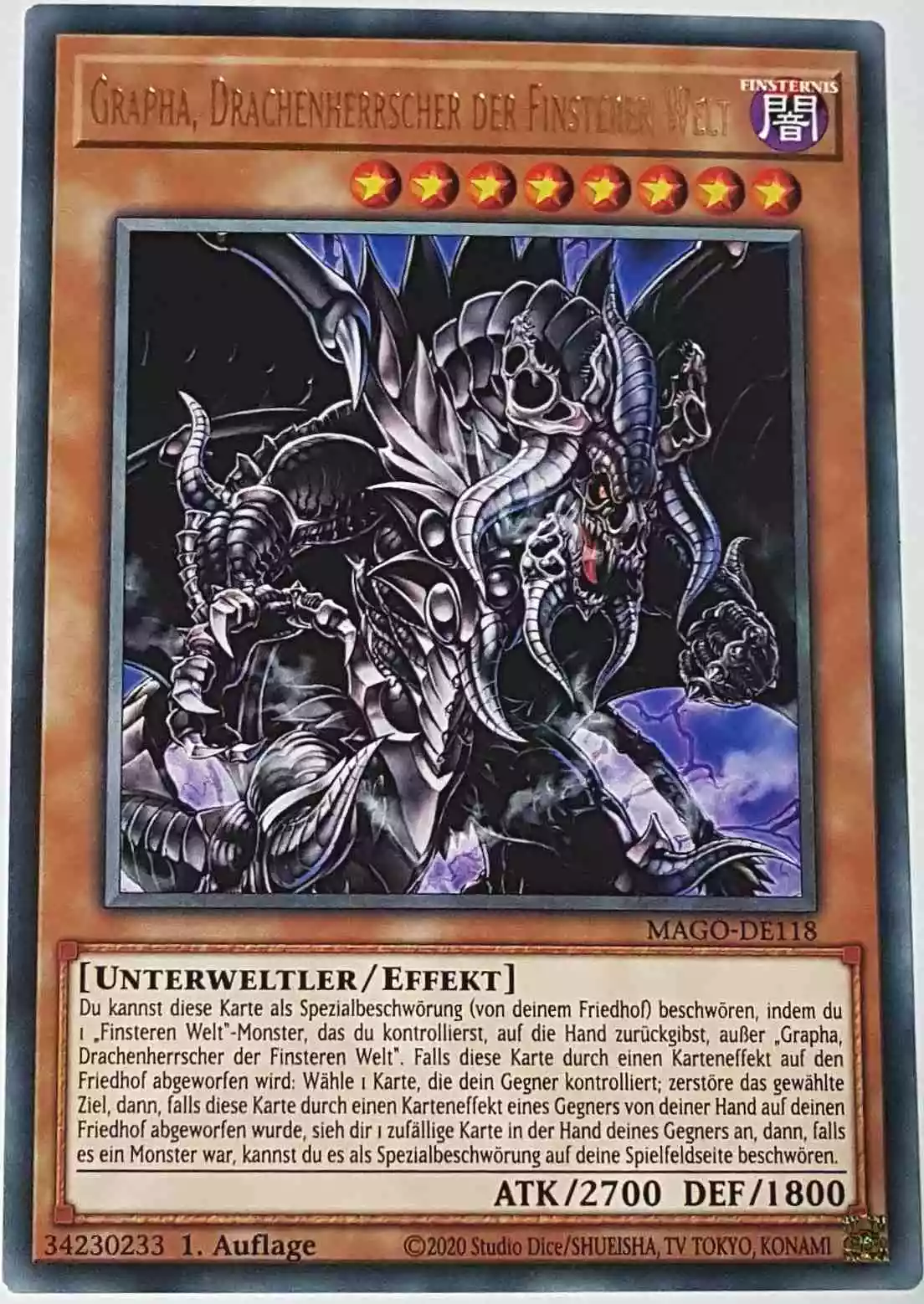 Grapha, Drachenherrscher der Finsteren Welt MAGO-DE118 ist in Gold Rare Yu-Gi-Oh Karte aus Maximum Gold 1. Auflage