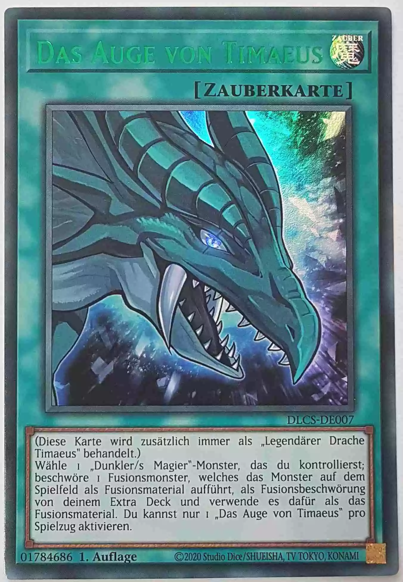 Das Auge von Timaeus (grün) DLCS-DE007-G ist in Colorful Ultra Rare Yu-Gi-Oh Karte aus Dragons of Legend The Complete Series 1.Auflage
