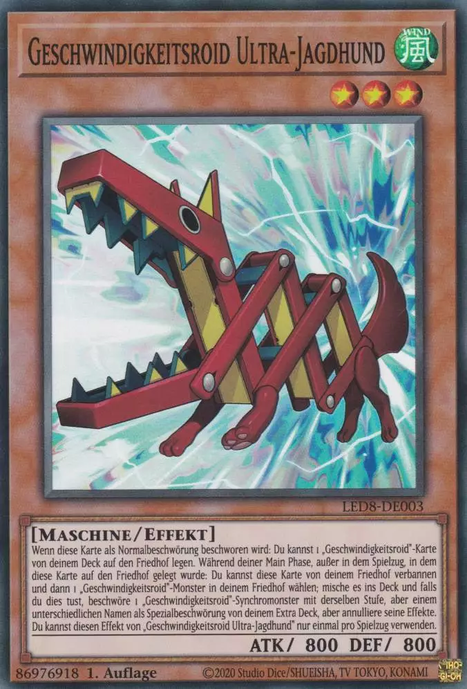 Geschwindigkeitsroid Ultra-Jagdhund LED8-DE003 ist in Super Rare Yu-Gi-Oh Karte aus Legendary Duelists Synchro Storm 1.Auflage