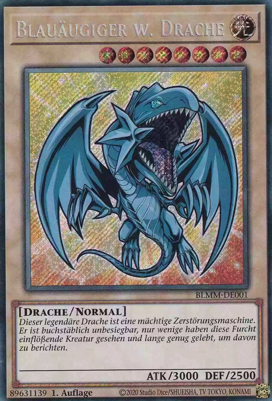 Blauäugiger w. Drache Secret Rare BLMM-DE001 Yugioh Karte Blauäugiger w. Drache BLMM-DE001 ist in Secret Rare Yu-Gi-Oh Karte aus Battles of Legend Monster Mayhem 1.Auflage