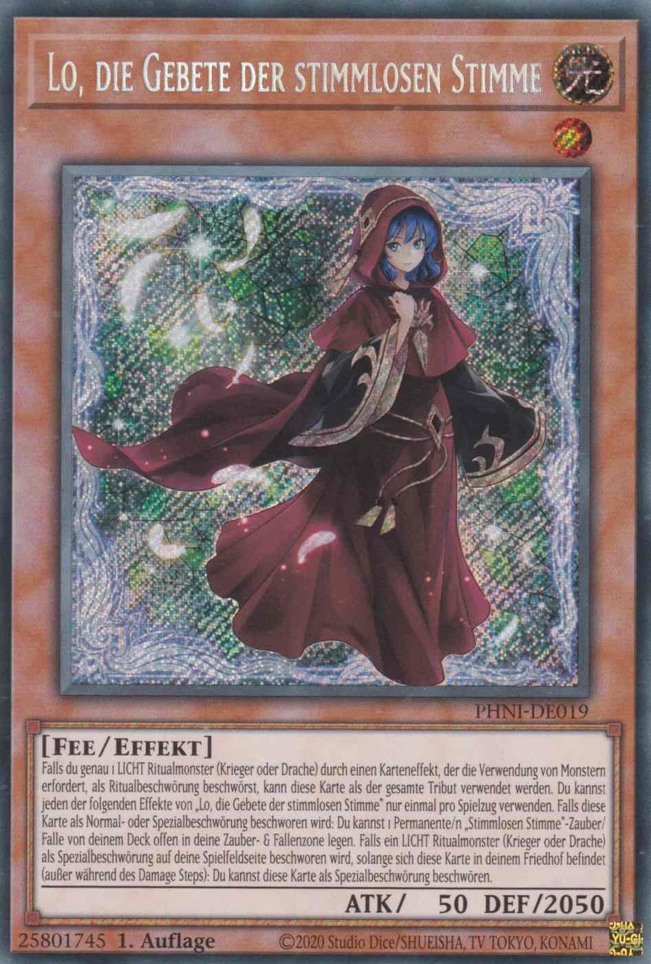 Lo, die Gebete der stimmlosen Stimme PHNI-DE019 ist in Secret Rare Yu-Gi-Oh Karte aus Phantom Nightmare 1.Auflage