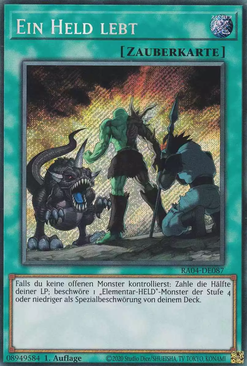 Ein Held lebt RA04-DE087 ist in Secret Rare Yu-Gi-Oh Karte aus Quarter Century Stampede 1.Auflage