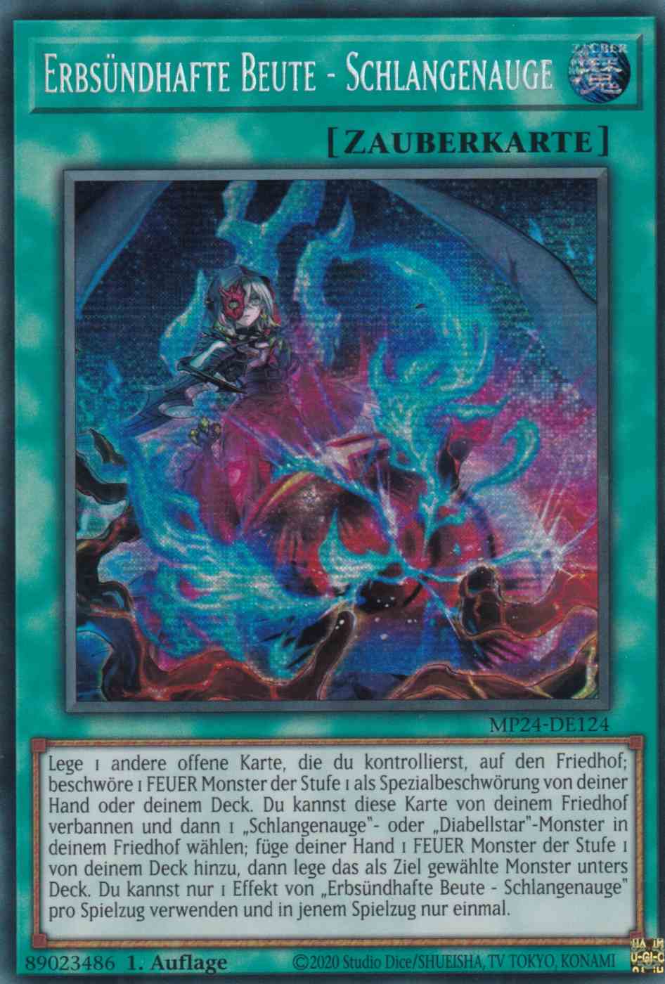 Erbsündhafte Beute - Schlangenauge MP24-DE124 ist in Prismatic Secret Rare Yu-Gi-Oh Karte aus 25th Anniversary Tin Dueling Mirrors 1.Auflage