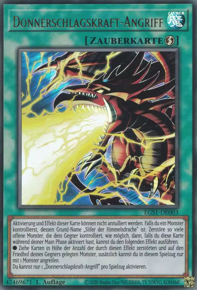 Donnerschlagskraft-Angriff EGS1-DE003 ist in Ultra Rare Yu-Gi-Oh Karte aus God Deck Slifer 1.Auflage