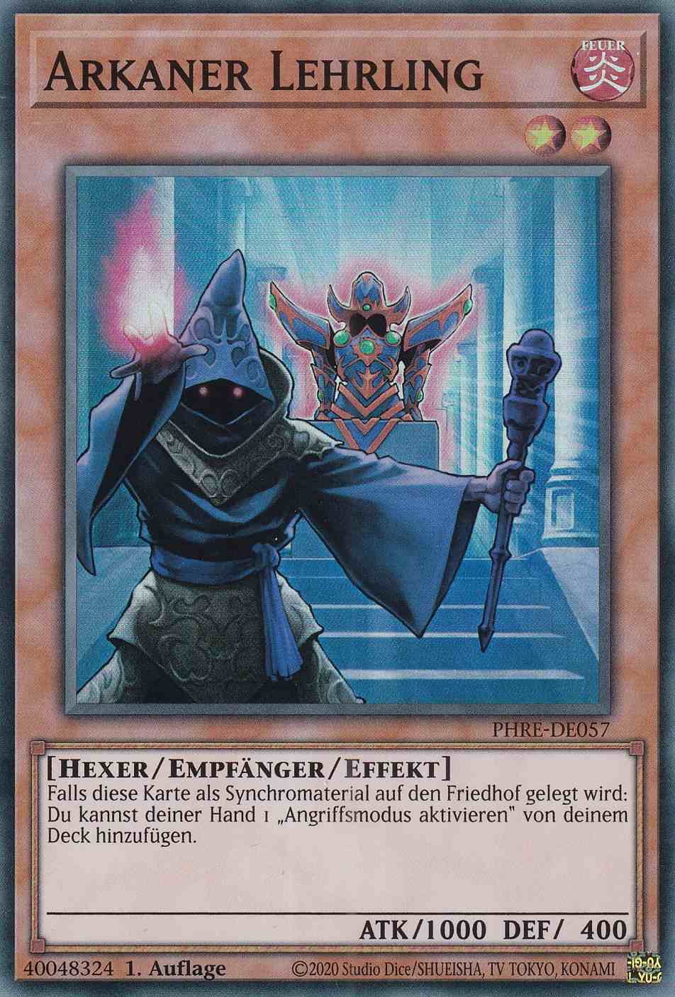 Arkaner Lehrling Super Rare PHRE-DE057-S Yugioh Karte Arkaner Lehrling PHRE-DE057-S ist in Super Rare Yu-Gi-Oh Karte aus Phantom Revenge 1.Auflage