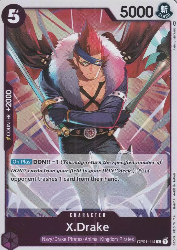 op01-114-x-drake-rare-romance-dawn X.Drake OP01-114 ist in Rare. Die One Piece Karte ist aus Romance Dawn in Normal Art.