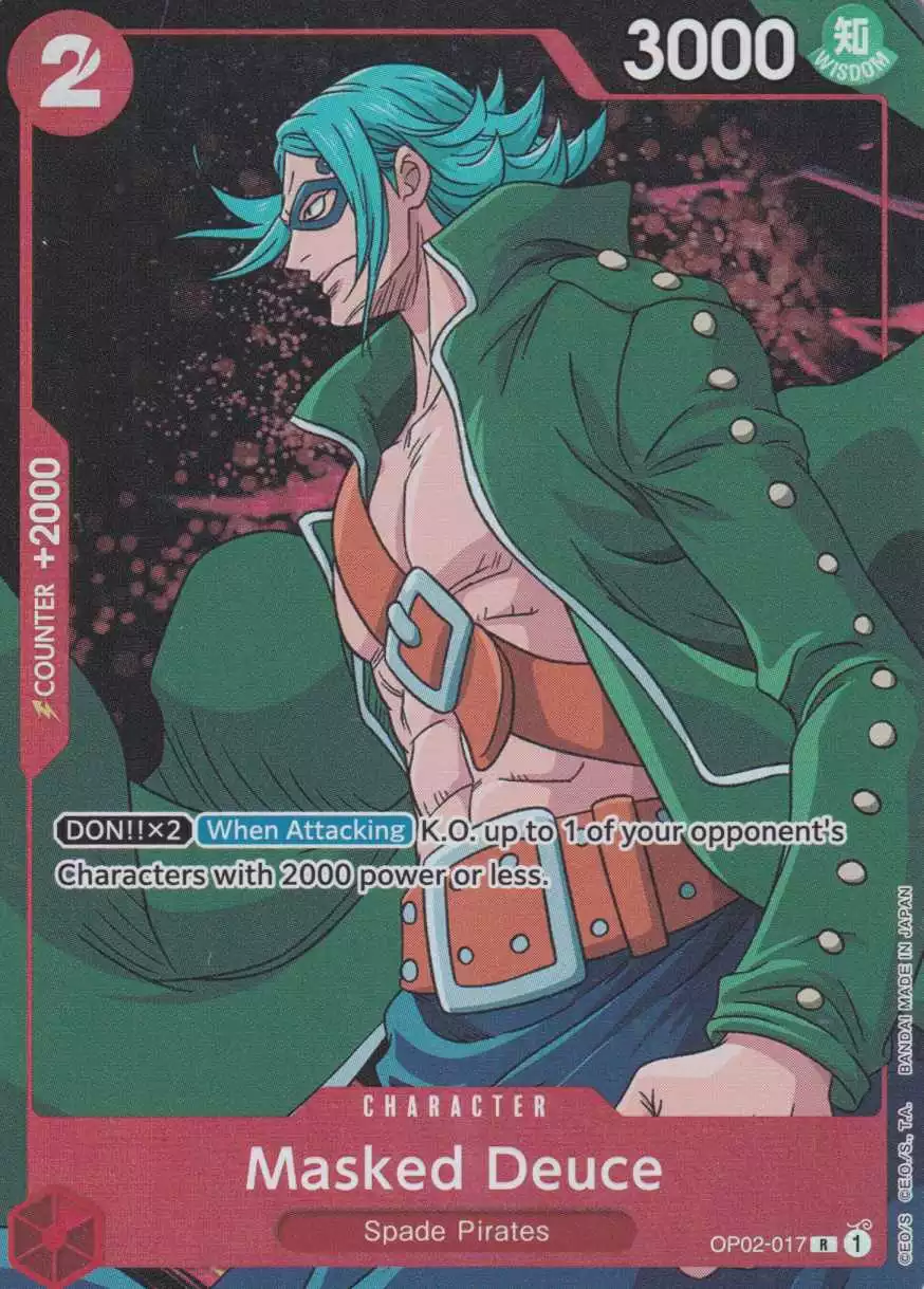 op02-017-a-masked-deuce-parallel-rare-paramount-war-op-02 Masked Deuce (Parallel) OP02-017 ist in Rare. Die One Piece Karte ist aus Paramount War OP-02 in Parallel Alternative Art.
