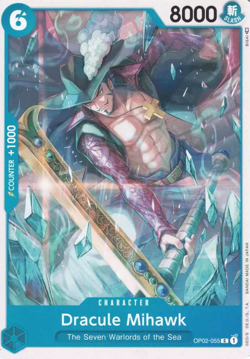 Dracule Mihawk OP02-055 ist in Common. Die One Piece Karte ist aus Paramount War OP-02 in Normal Art.