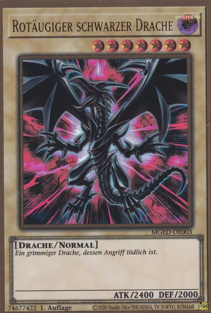 Rotäugiger schwarzer Drache (alternativ art) MGED-DE003 ist in Premium Gold Rare Yu-Gi-Oh Karte aus Maximum Gold El Dorado 1.Auflage