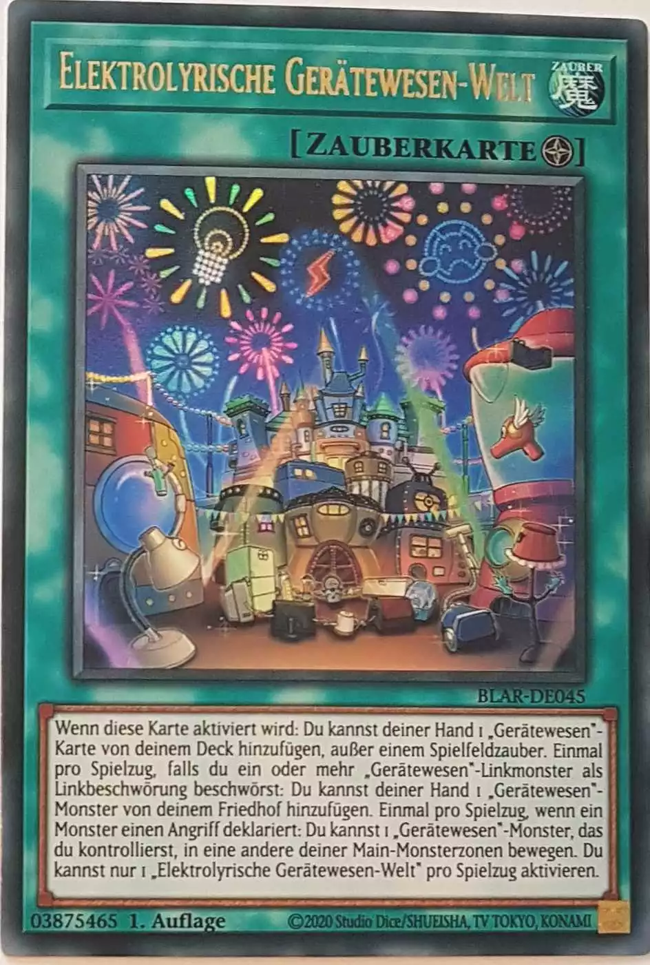 Elektrolyrische Gerätewesen-Welt BLAR-DE045 ist in Ultra Rare Yu-Gi-Oh Karte aus Battles of Legend: Armageddon 1.Auflage