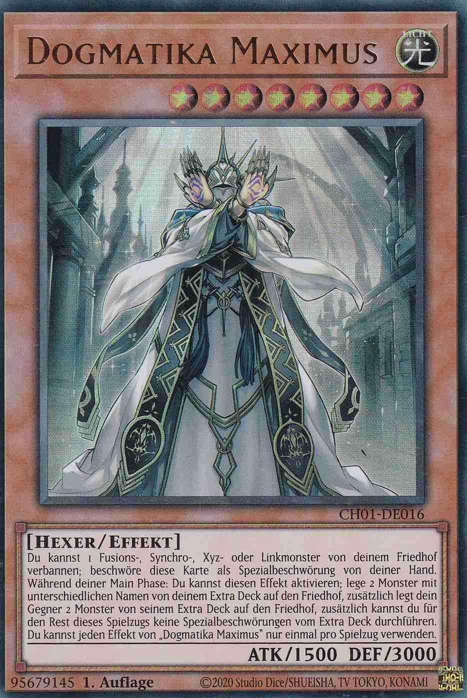 Dogmatika Maximus Ultra Rare CH01-DE016 Yugioh Karte Dogmatika Maximus CH01-DE016 ist in Ultra Rare Yu-Gi-Oh Karte aus THE CHRONICLES DECK: The Fallen & The Virtuous 1.Auflage