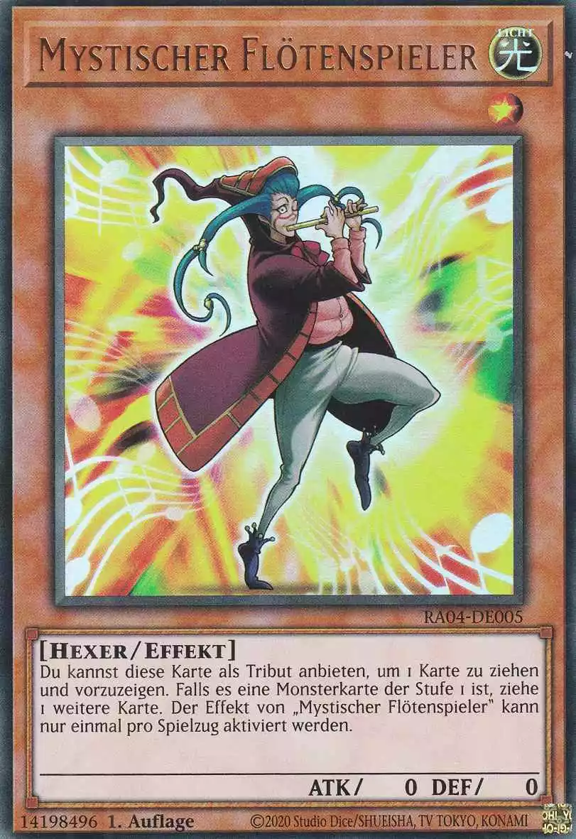 Mystischer Flötenspieler Ultra Rare RA04-DE005 Yugioh Karte Mystischer Flötenspieler RA04-DE005 ist in Ultra Rare Yu-Gi-Oh Karte aus Quarter Century Stampede 1.Auflage