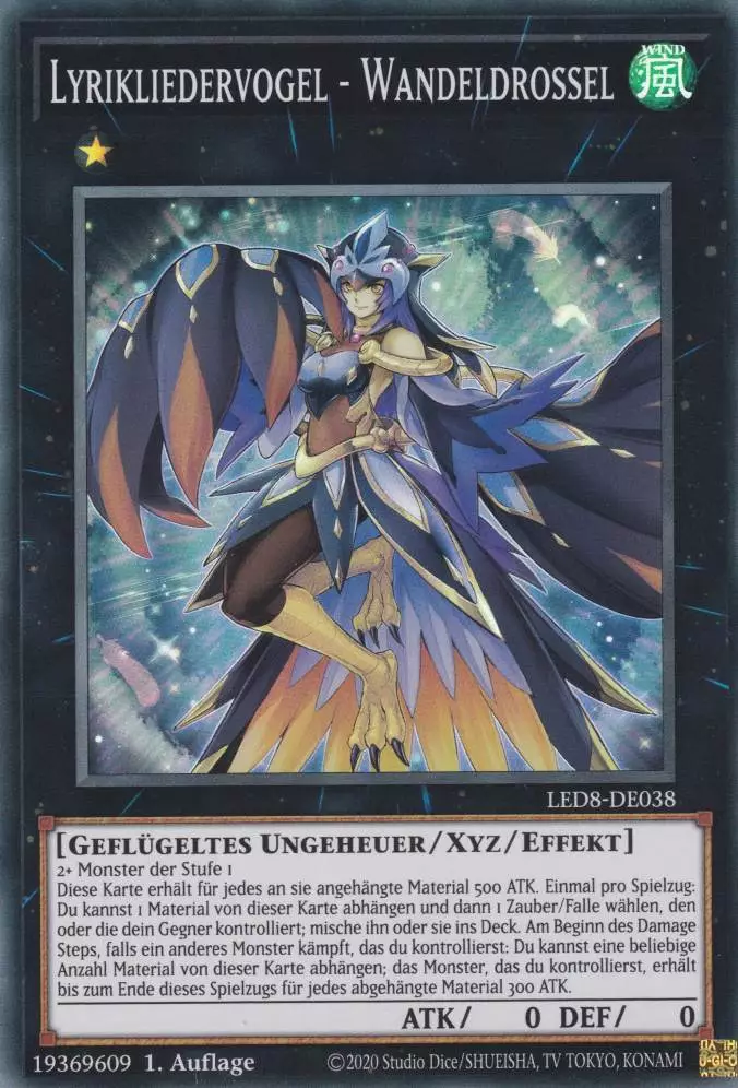 Lyrikliedervogel - Wandeldrossel LED8-DE038 ist in Super Rare Yu-Gi-Oh Karte aus Legendary Duelists Synchro Storm 1.Auflage