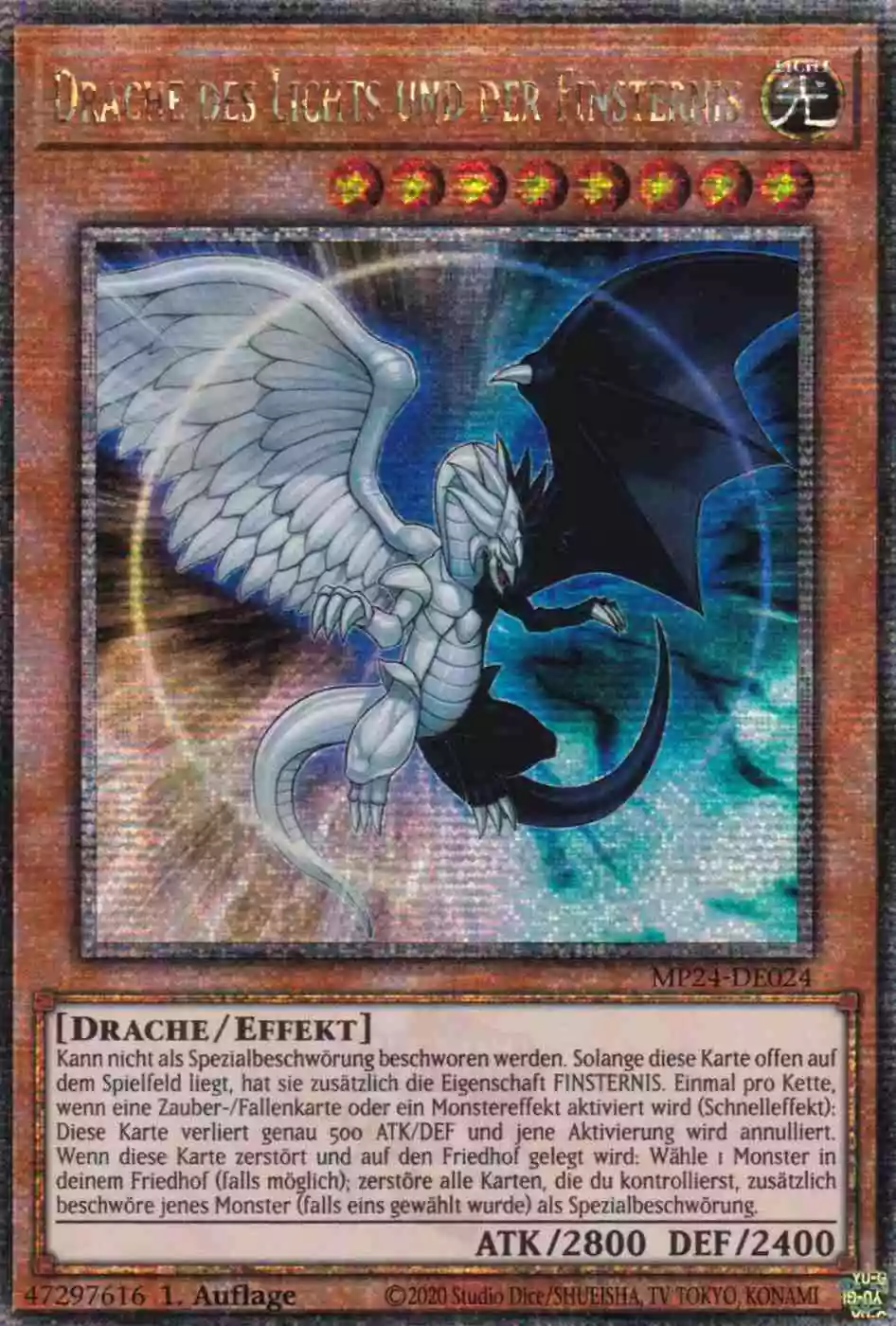 Drache des Lichts und der Finsternis MP24-DE024 ist in Quarter Century Secret Rare Yu-Gi-Oh Karte aus 25th Anniversary Tin Dueling Mirrors 1.Auflage