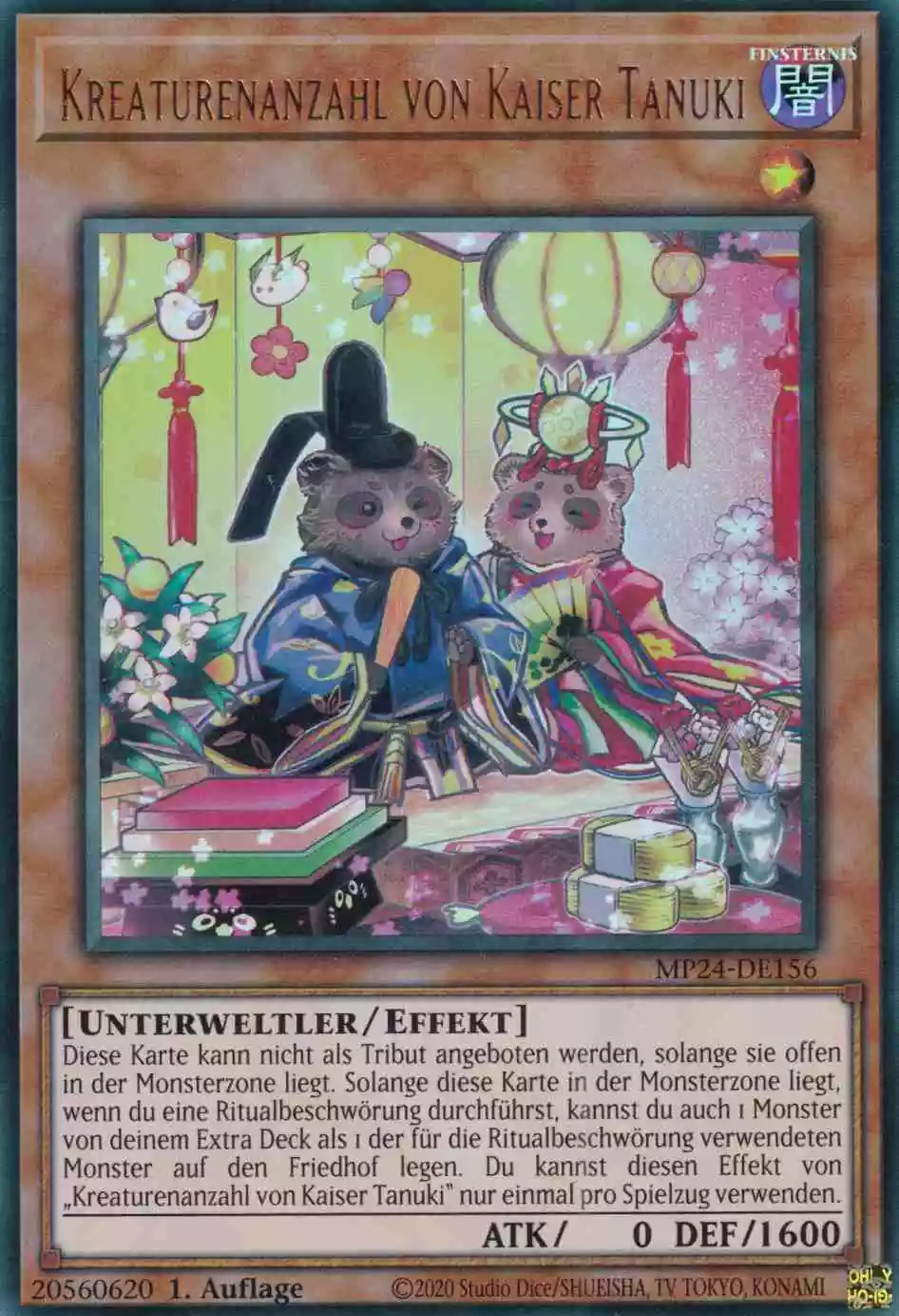 Kreaturenanzahl von Kaiser Tanuki Ultra Rare MP24-DE156 Yugioh Karte Kreaturenanzahl von Kaiser Tanuki MP24-DE156 ist in Ultra Rare Yu-Gi-Oh Karte aus 25th Anniversary Tin Dueling Mirrors 1.Auflage