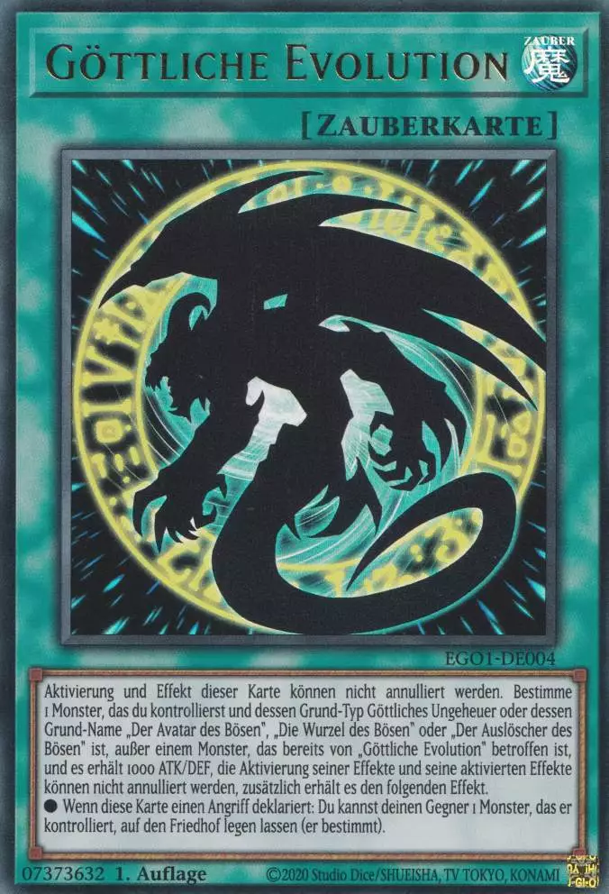 Göttliche Evolution EGO1-DE004 ist in Ultra Rare Yu-Gi-Oh Karte aus Egyptian God Deck Obelisk 1.Auflage