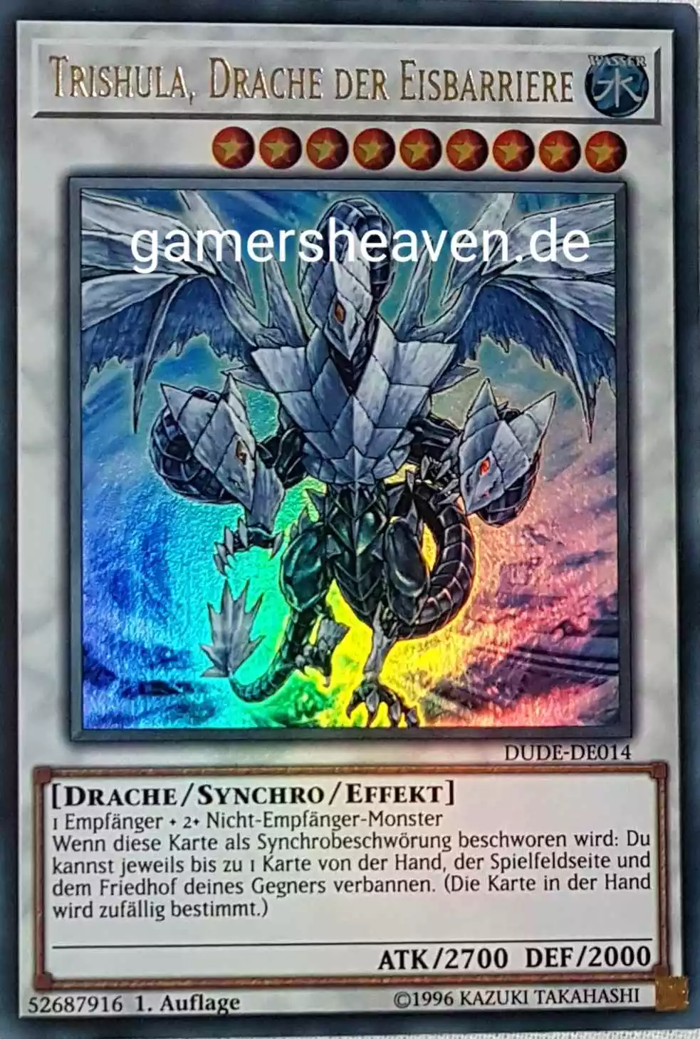 Trishula, Drache der Eisbarriere DUDE-DE014 ist in Ultra Rare aus Duel Devastator 1.Auflage