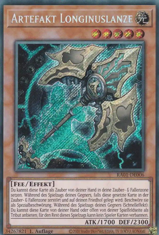 ra01-de006-scr-artefakt-longinuslanze-secret-rare-25th-anniversary-rarity-collection Artefakt Longinuslanze RA01-DE006 ist in Secret Rare Yu-Gi-Oh Karte aus 25th Anniversary Rarity Collection 1.Auflage