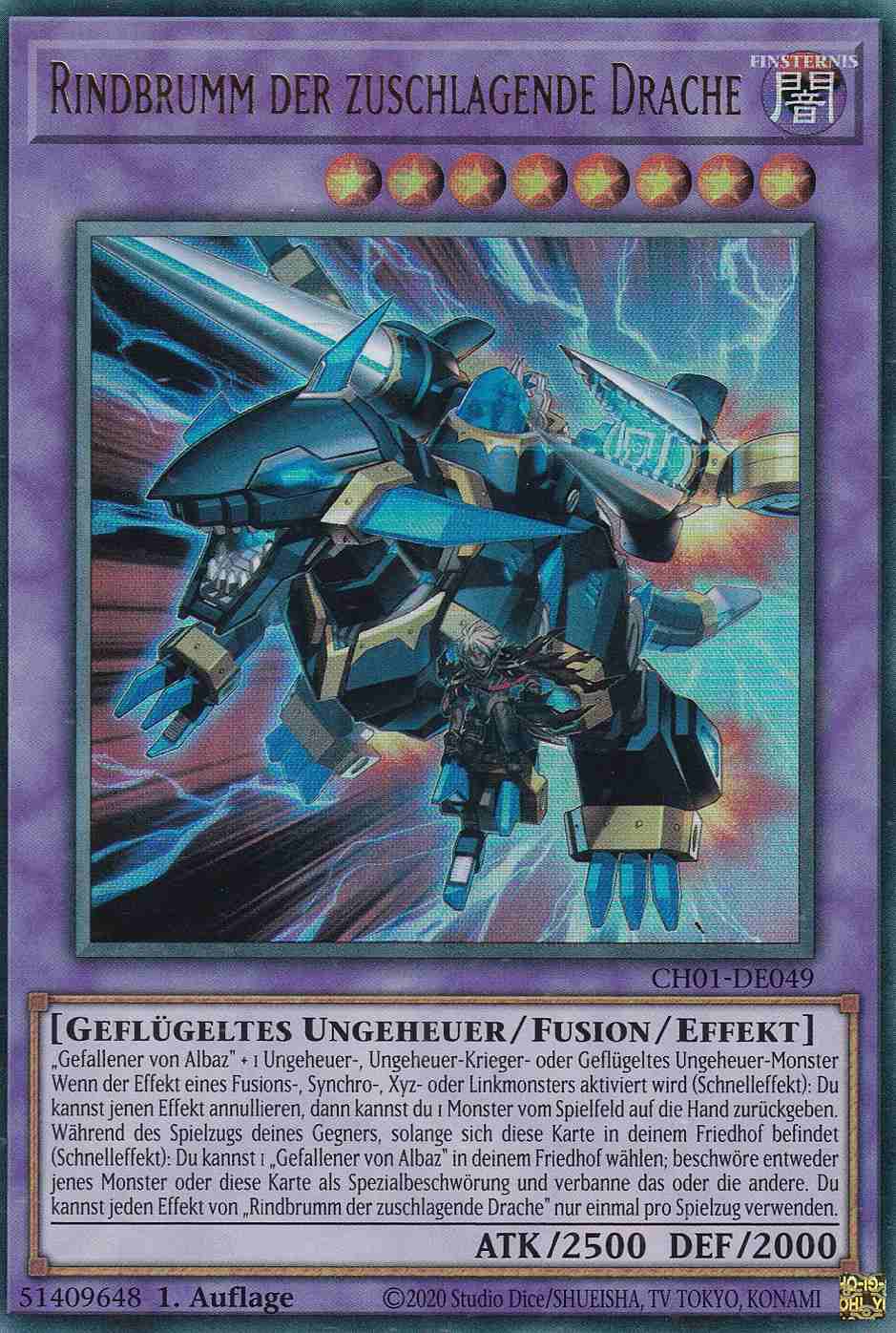 Rindbrumm der zuschlagende Drache Ultra Rare CH01-DE049 Yugioh Karte Rindbrumm der zuschlagende Drache CH01-DE049 ist in Ultra Rare Yu-Gi-Oh Karte aus THE CHRONICLES DECK: The Fallen & The Virtuous 1.Auflage