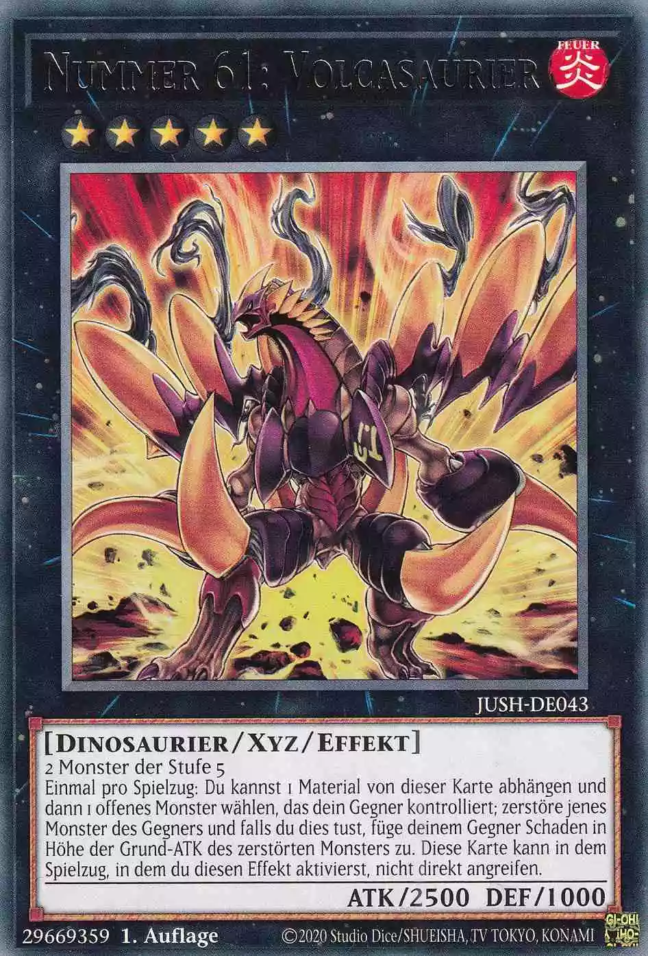 Nummer 61: Volcasaurier Rare JUSH-DE043 Yugioh Karte Nummer 61: Volcasaurier JUSH-DE043 ist in Rare Yu-Gi-Oh Karte aus Justice Hunters 1.Auflage