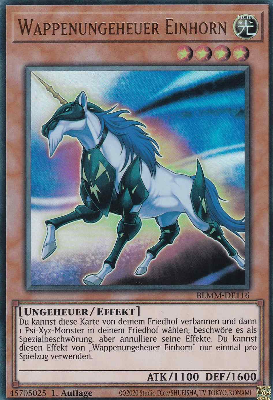 Wappenungeheuer Einhorn BLMM-DE116 ist in Ultra Rare Yu-Gi-Oh Karte aus Battles of Legend Monster Mayhem 1.Auflage