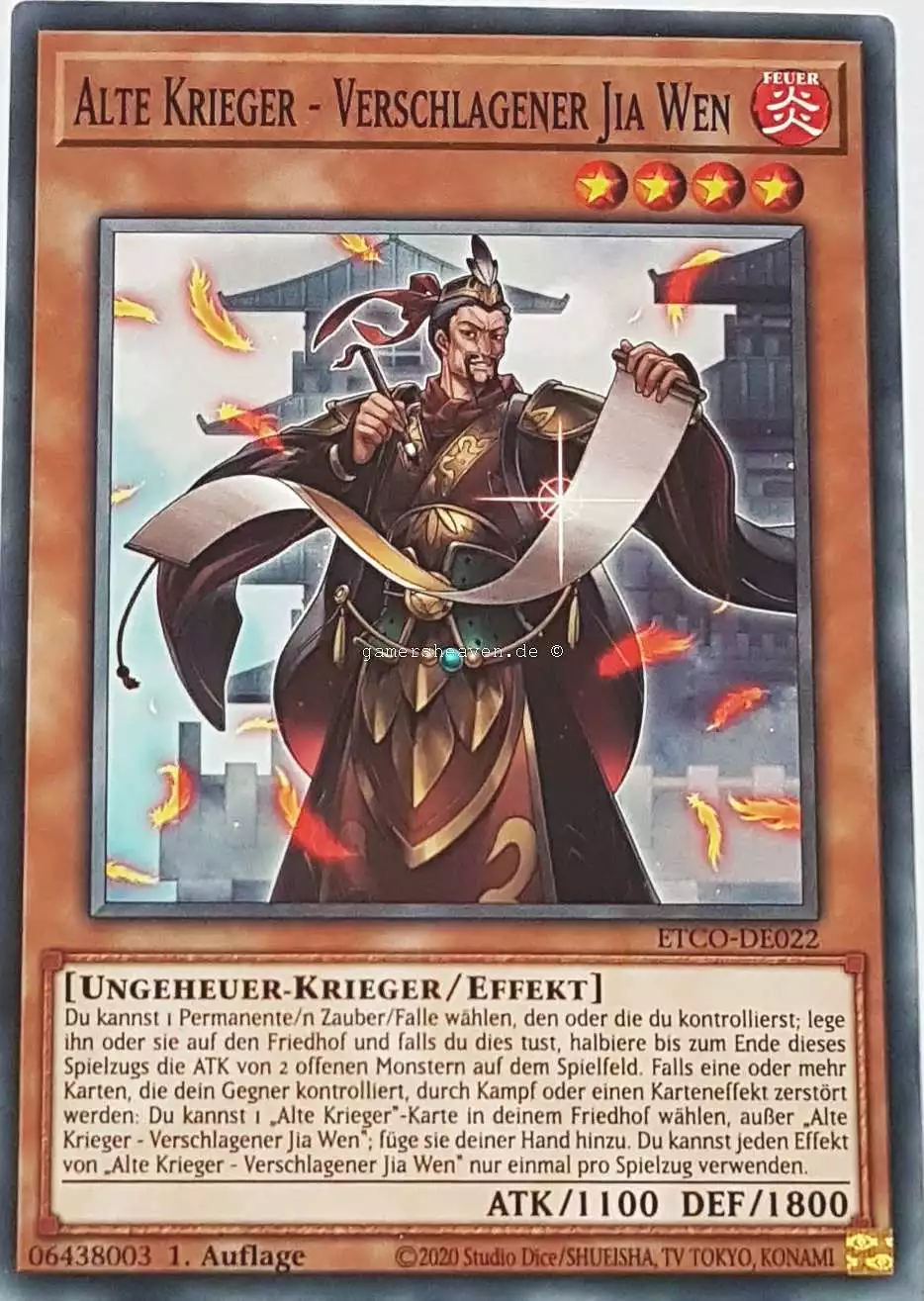 Alte Krieger - Verschlagener Jia Wen ETCO-DE022 ist in Common Yu-Gi-Oh Karte aus Eternity Code 1.Auflage