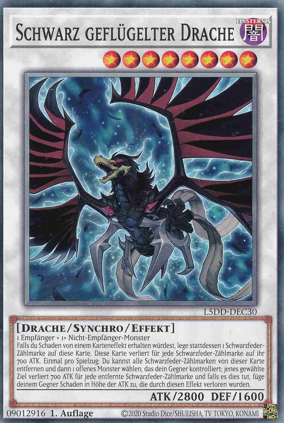 Schwarz geflügelter Drache Common L5DD-DEC30 Yugioh Karte Schwarz geflügelter Drache L5DD-DEC30 ist in Common Yu-Gi-Oh Karte aus Legendary 5D’s Decks 1.Auflage