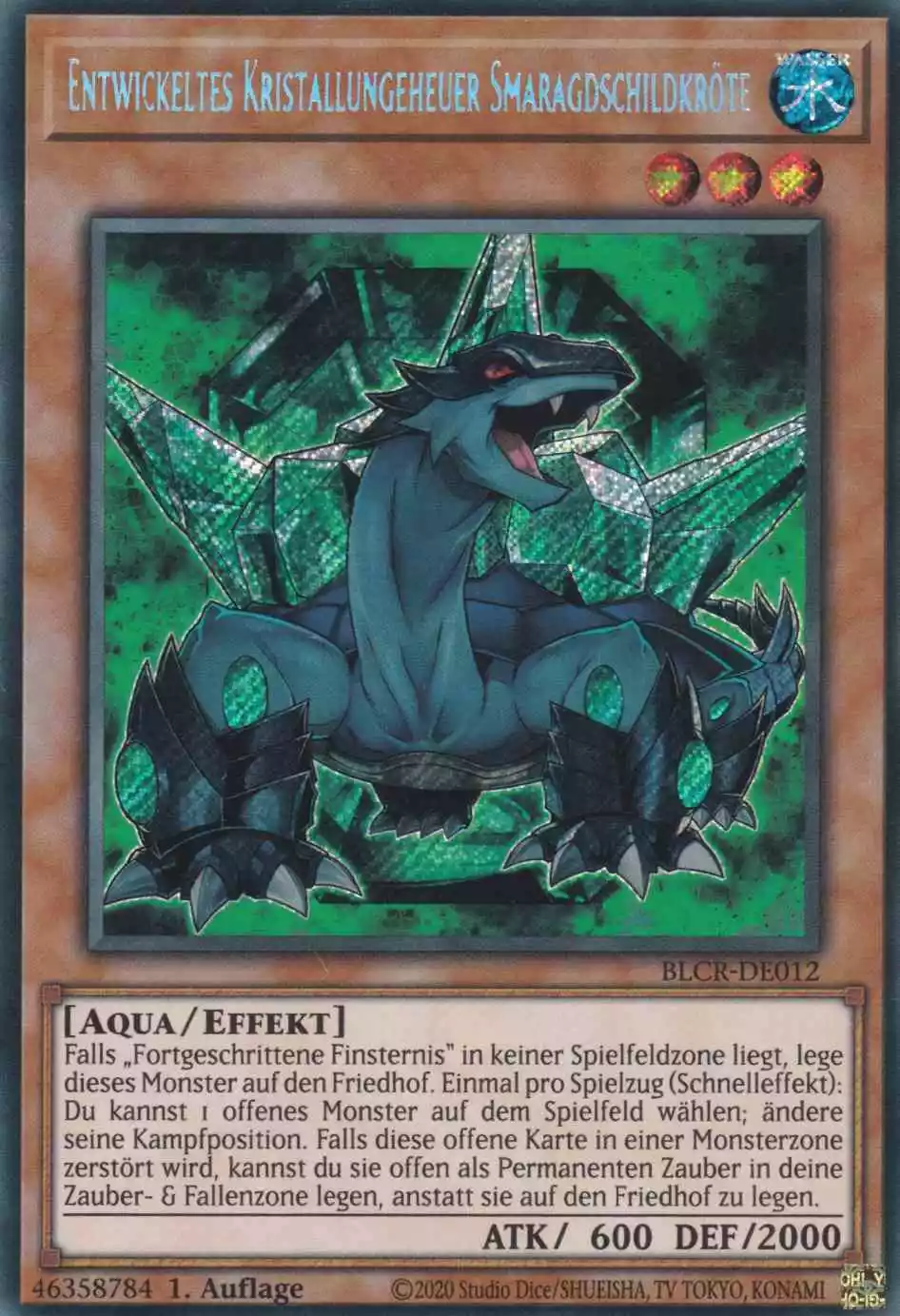 Entwickeltes Kristallungeheuer Smaragdschildkröte BLCR-DE012 ist in Secret Rare Yu-Gi-Oh Karte aus Battles of Legend Crystal Revenge 1.Auflage