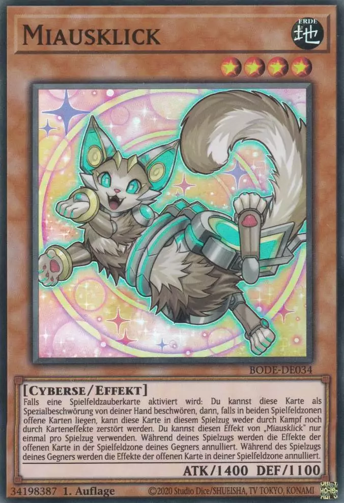 bode-de034-miausklick-super-rare-burst-of-destiny Miausklick BODE-DE034 ist in Super Rare Yu-Gi-Oh Karte aus Burst of Destiny 1.Auflage