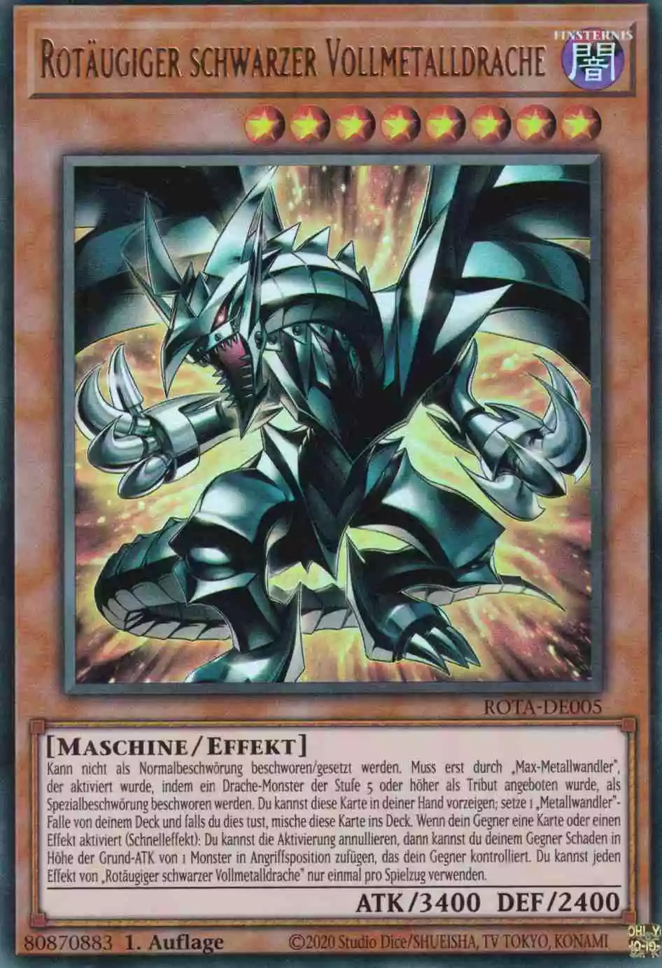 Rotäugiger schwarzer Vollmetalldrache ROTA-DE005 ist in Ultra Rare Yu-Gi-Oh Karte aus Rage of the Abyss 1.Auflage