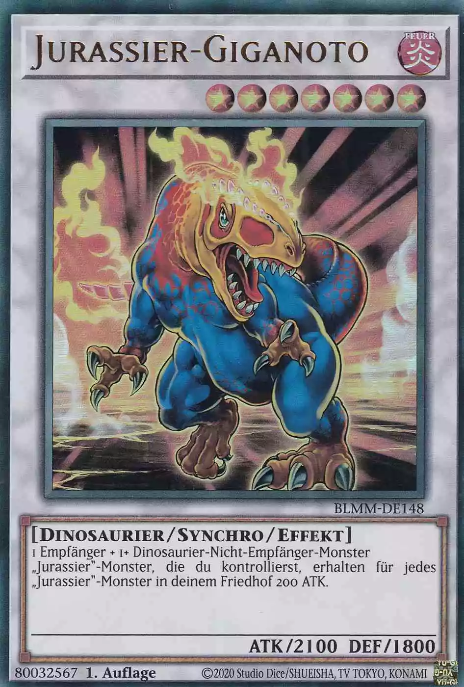 Jurassier-Giganoto Ultra Rare BLMM-DE148 Yugioh Karte Jurassier-Giganoto BLMM-DE148 ist in Ultra Rare Yu-Gi-Oh Karte aus Battles of Legend Monster Mayhem 1.Auflage