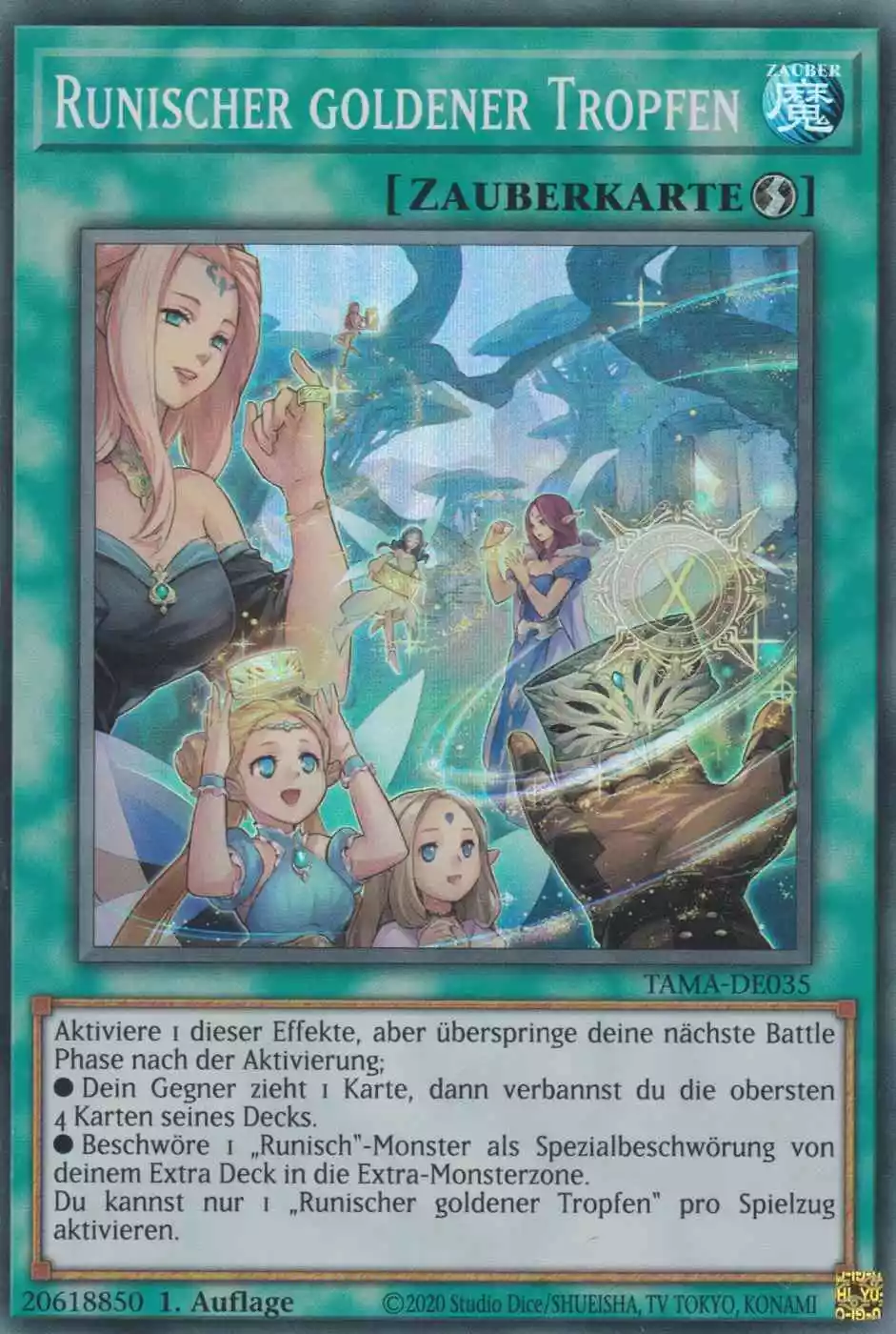 Runischer goldener Tropfen TAMA-DE035 ist in Super Rare Yu-Gi-Oh Karte aus Tactical Masters 1.Auflage