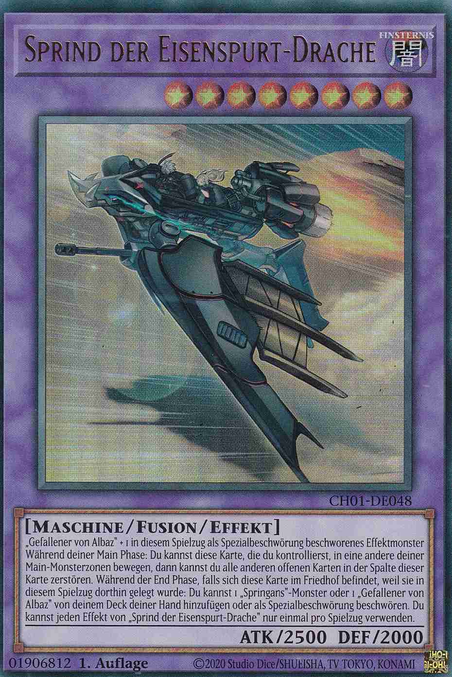 Sprind der Eisenspurt-Drache Ultra Rare CH01-DE048 Yugioh Karte Sprind der Eisenspurt-Drache CH01-DE048 ist in Ultra Rare Yu-Gi-Oh Karte aus THE CHRONICLES DECK: The Fallen & The Virtuous 1.Auflage