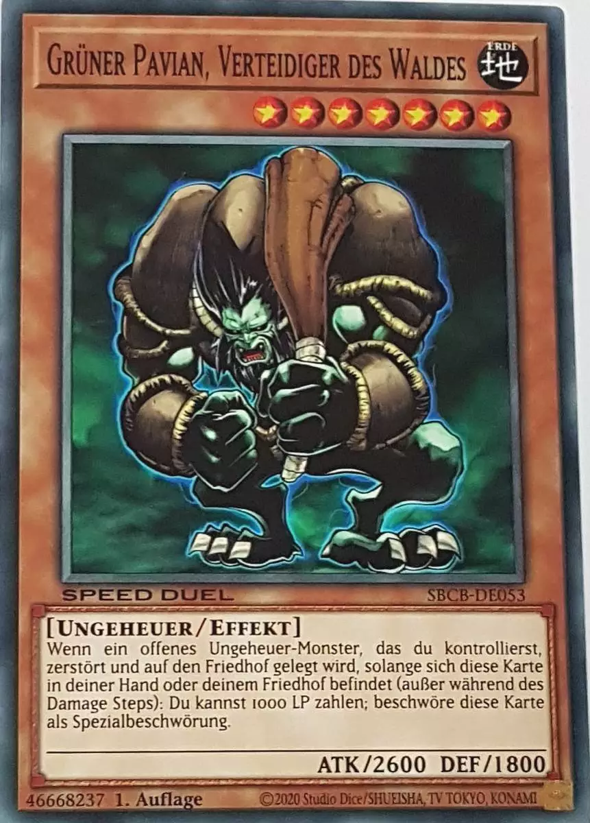 Grüner Pavian, Verteidiger des Waldes SBCB-DE053 ist in Common Yu-Gi-Oh Karte aus Speed Duel Battle City Box 1. Auflage