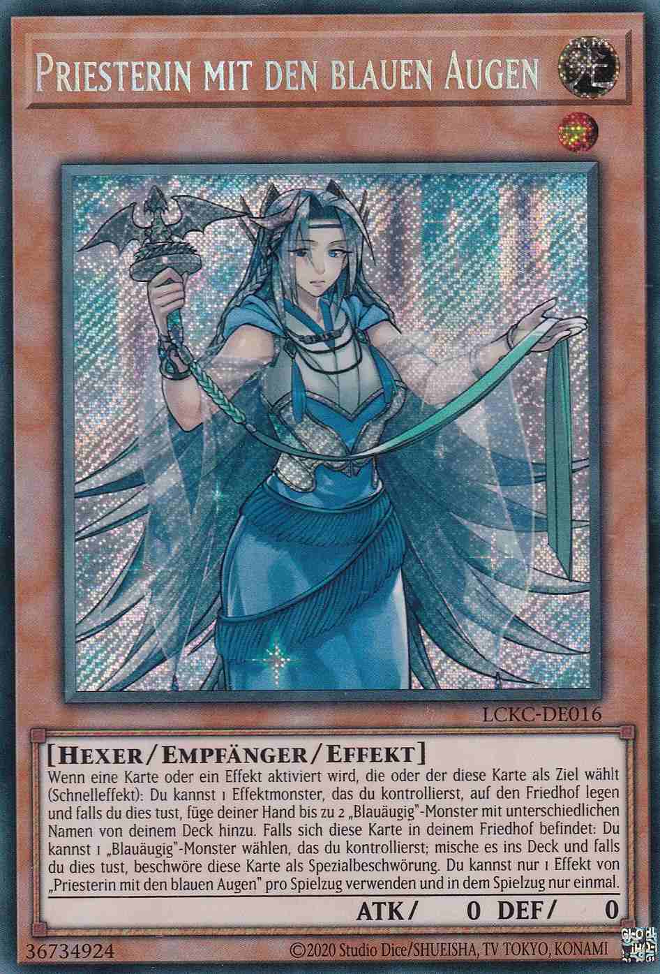 Priesterin mit den blauen Augen Secret Rare LCKC-DE016 Yugioh Karte Priesterin mit den blauen Augen LCKC-DE016 ist in Secret Rare Yu-Gi-Oh Karte aus Legendary Collection Kaiba unlimitiert