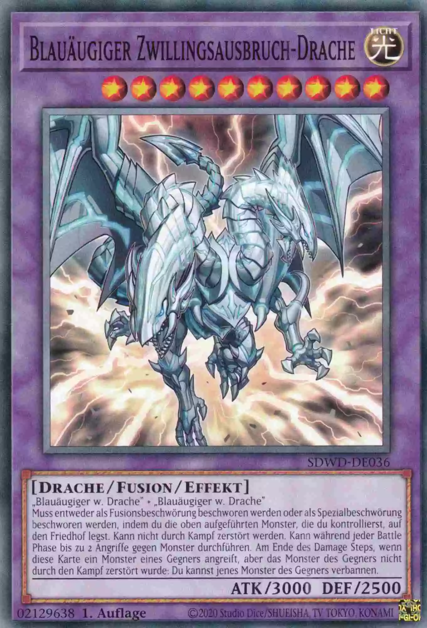 Blauäugiger Zwillingsausbruch-Drache SDWD-DE036 ist in Common Yu-Gi-Oh Karte aus Blue-Eyes White Destiny 1.Auflage