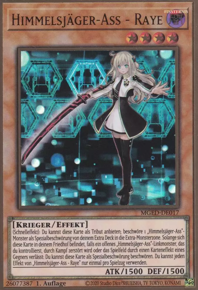 Himmelsjäger-Ass - Raye MGED-DE017 ist in Premium Gold Rare Yu-Gi-Oh Karte aus Maximum Gold El Dorado 1.Auflage