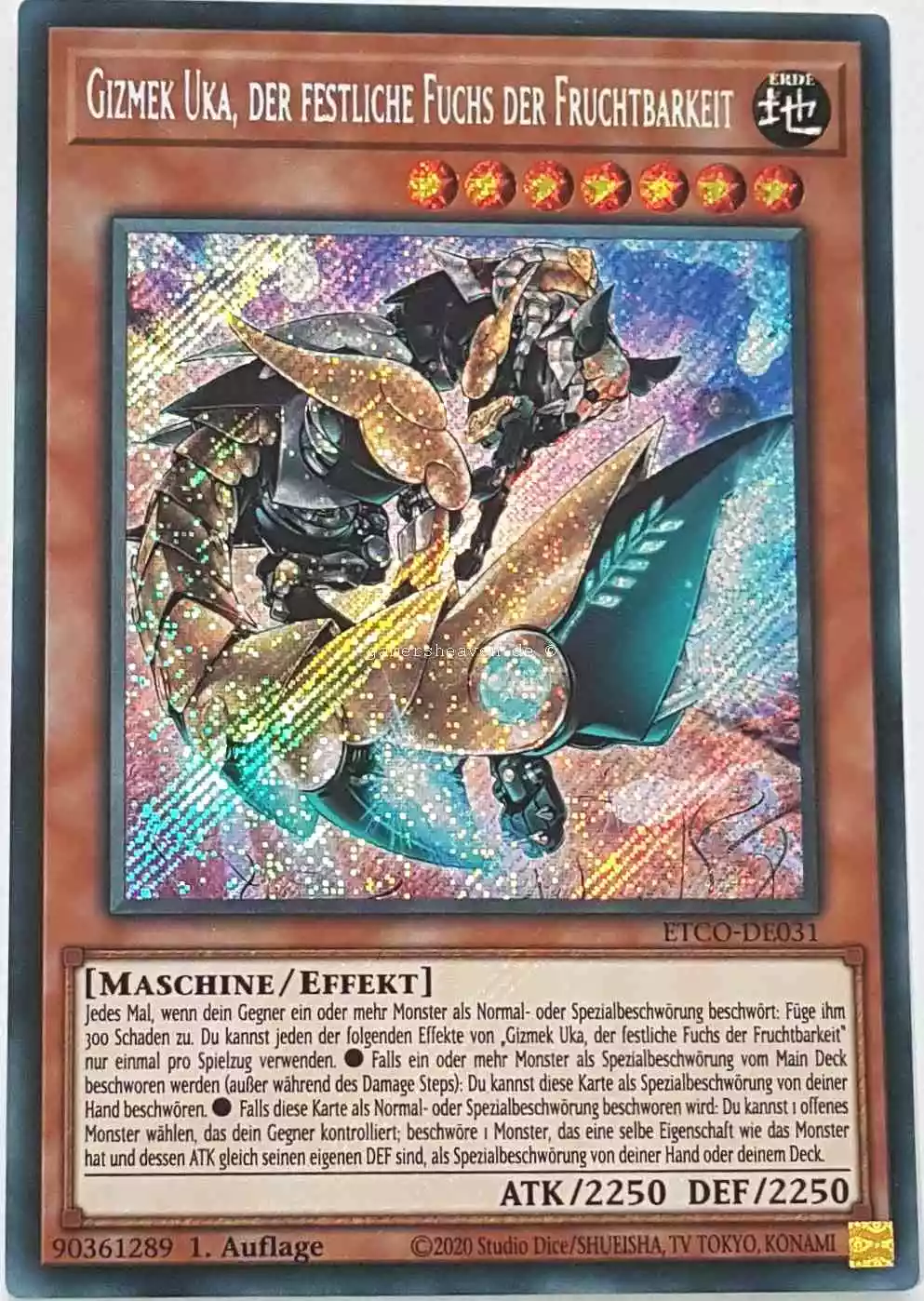 Gizmek Uka, der festliche Fuchs der Fruchtbarkeit ETCO-DE031 ist in Secret Rare Yu-Gi-Oh Karte aus Eternity Code 1.Auflage