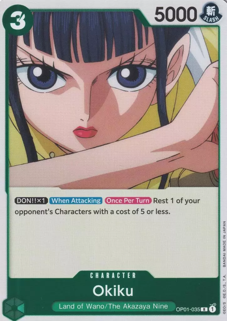 op01-035-okiku-rare-romance-dawn Okiku OP01-035 ist in Rare. Die One Piece Karte ist aus Romance Dawn in Normal Art.