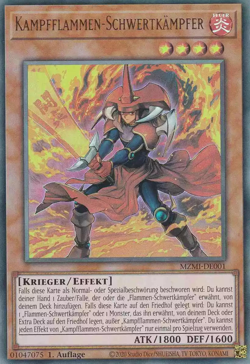 Kampfflammen-Schwertkämpfer MZMI-DE001 ist in Ultra Rare Yu-Gi-Oh Karte aus Maze of Millennia 1.Auflage