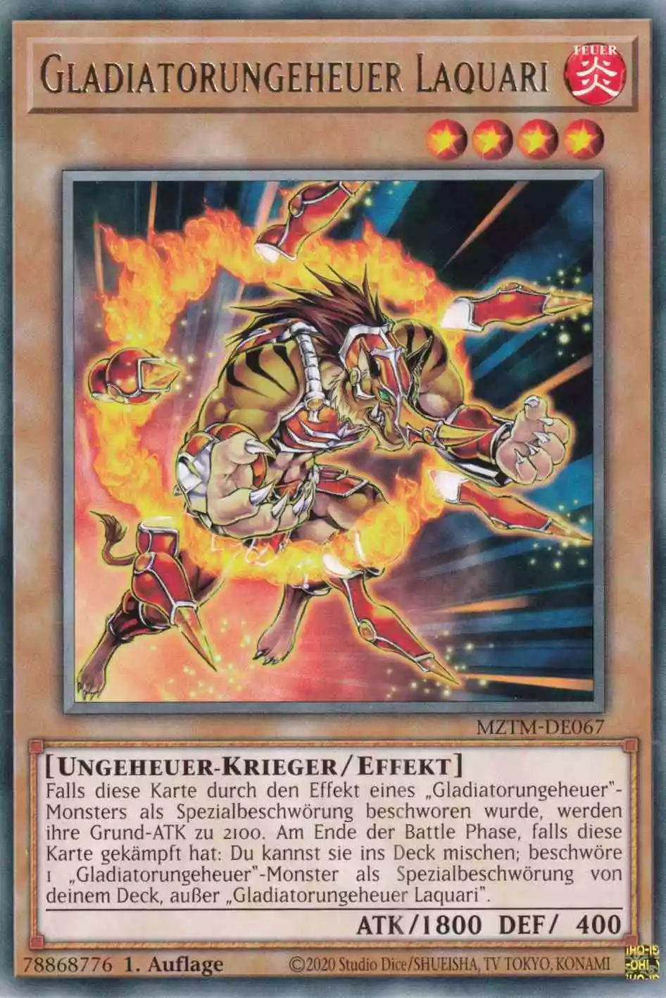 Gladiatorungeheuer Laquari MZTM-DE067 ist in Rare Yu-Gi-Oh Karte aus Maze of the Master 1.Auflage